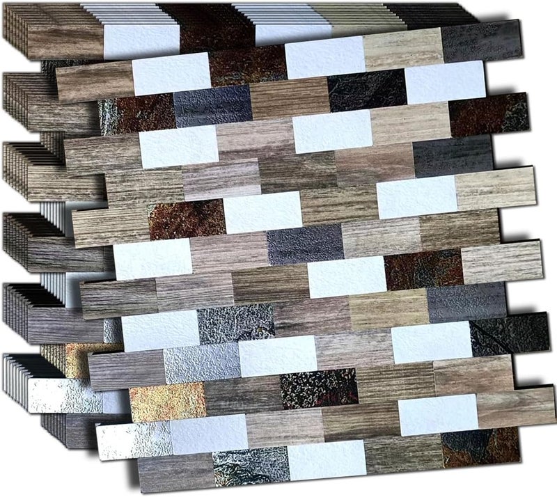 weimeisc 10 pcs Peel and Stick Tile Backsplash,Metal Subway Tile Stick on Kitchen Wall Bathroom(12"x10.9" (Wooden+Printing) - Image 1